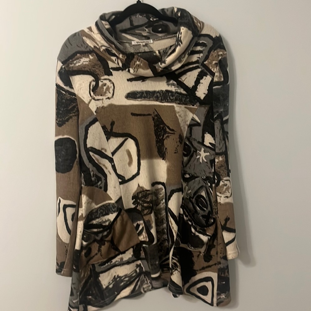 Women’s Abstract Tunic Sweater VioletRuby Pockets Cowl Neck Oversized Lg or XL